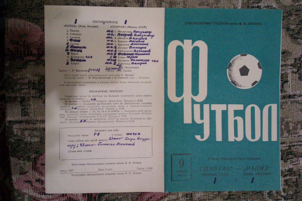 ЕК.Спартак (Москва,СССР) - Рапид (Австрия) КОК 09.11.1966 г.