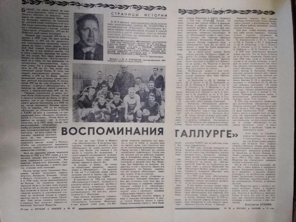 Статья.Футбол.К.Есенин. Металлург (Москва).Футбол-Хоккей 1976 г.