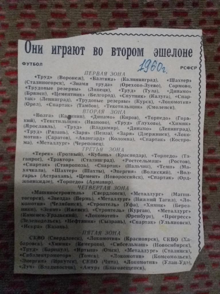 Футбол Первенство СССР 1960 г составы зон РСФСР Украина Газета Сов спорт