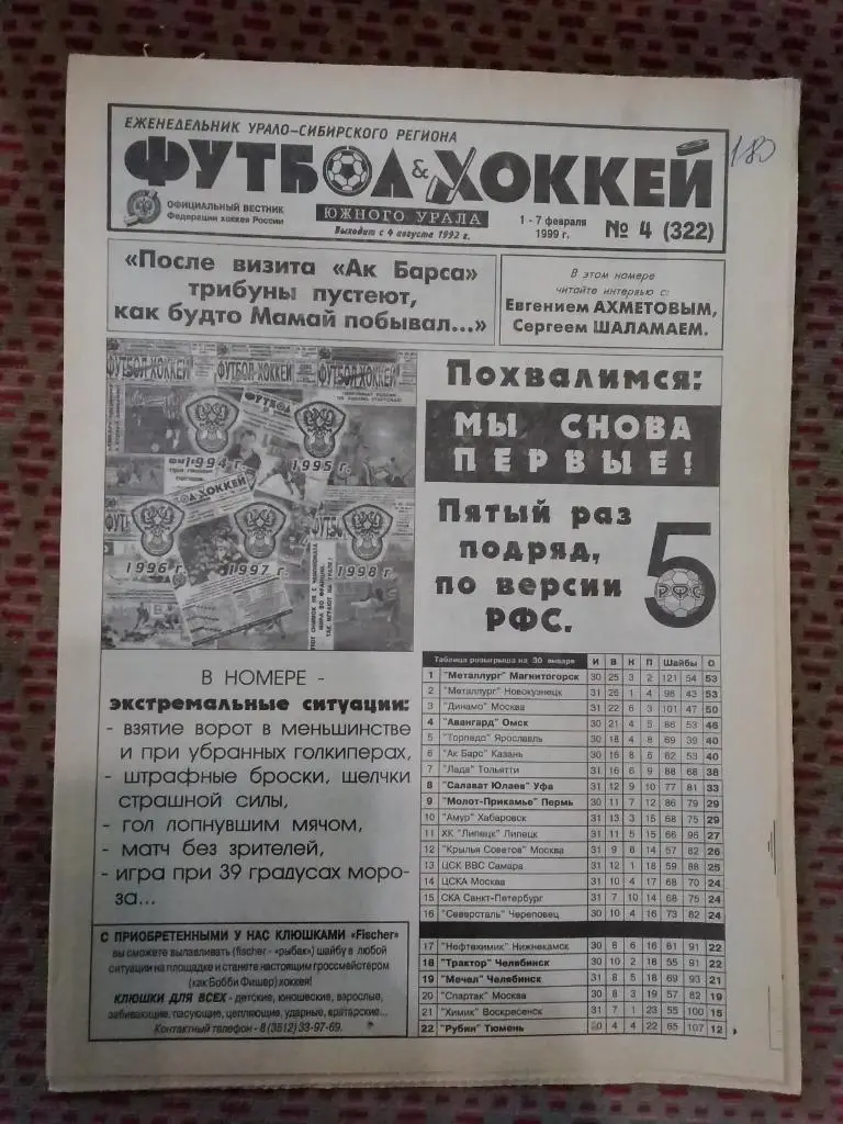 Футбол-Хоккей Южного Урала №4 1999 г. (16 стр.).