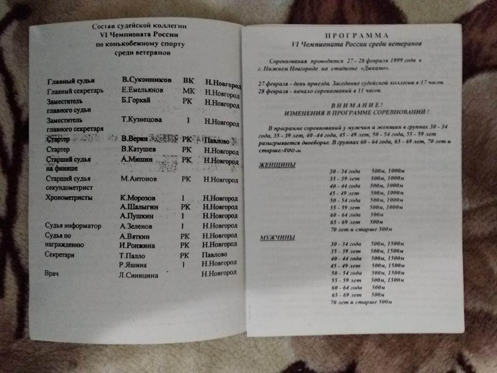 Конькобежный спорт.VI Чемпионат России.Ветераны.Н.Новгород 27 -28.02.1999. 1