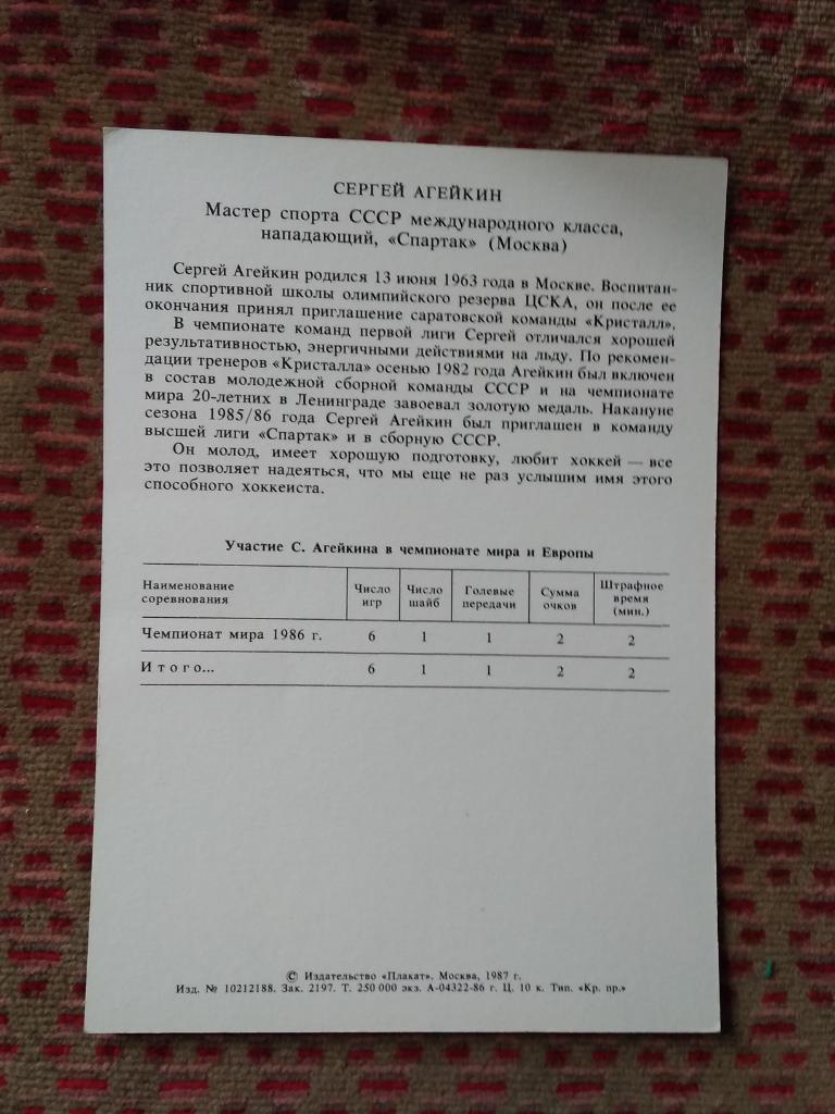 Открытка.Хоккей.Золотая дружина.Сергей Агейкин - Спартак (Москва).Плакат 1987 г. 1