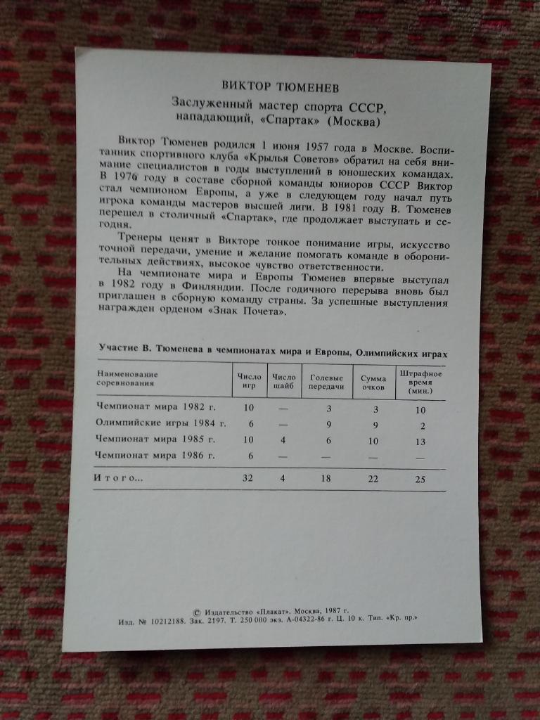 Открытка.Хоккей.Золотая дружина.Виктор Тюменев - Спартак (Москва).Плакат 1987 г. 1