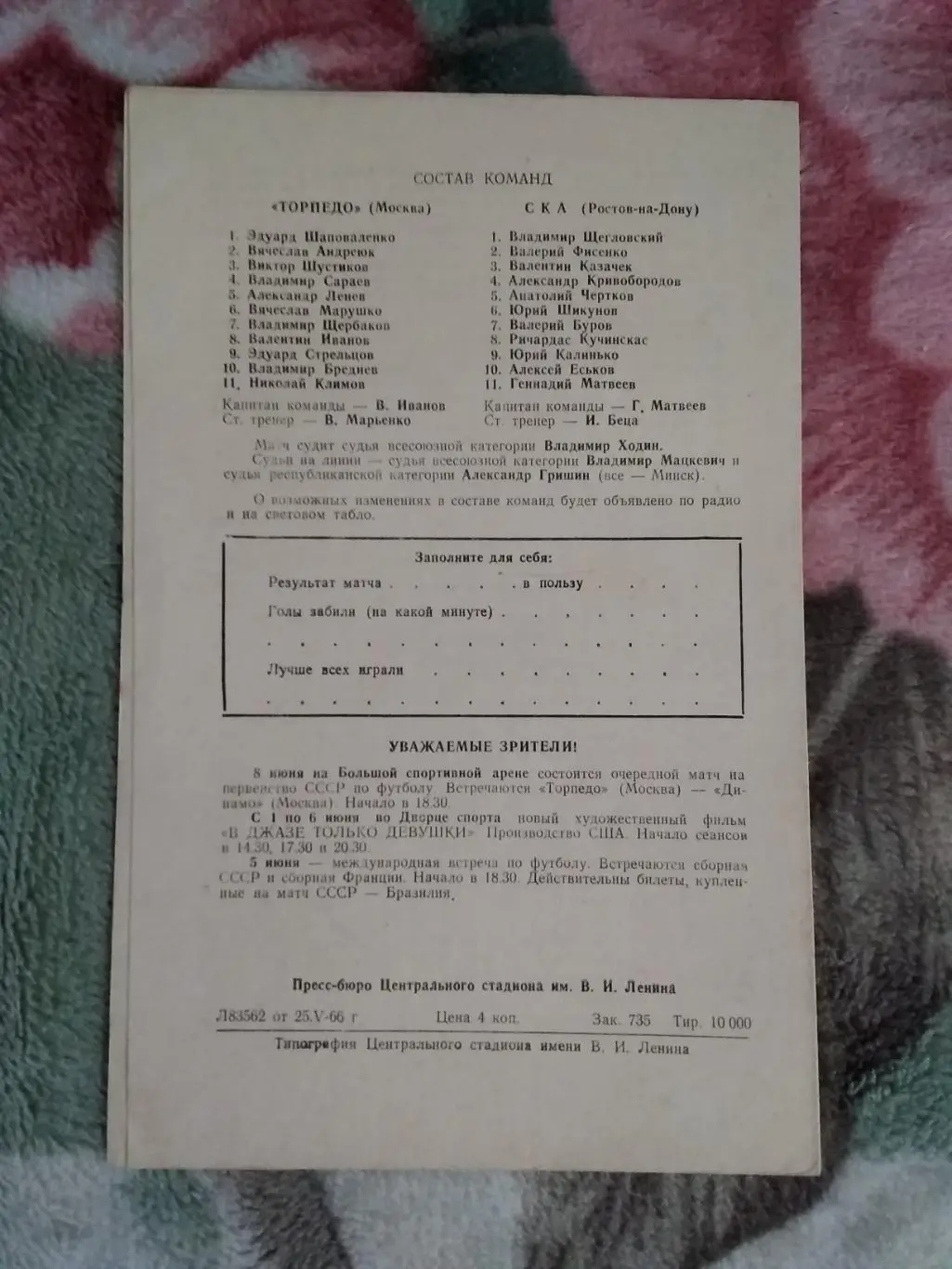 Торпедо (Москва) - СКА (Ростов-на-Дону) 1966 г. 1