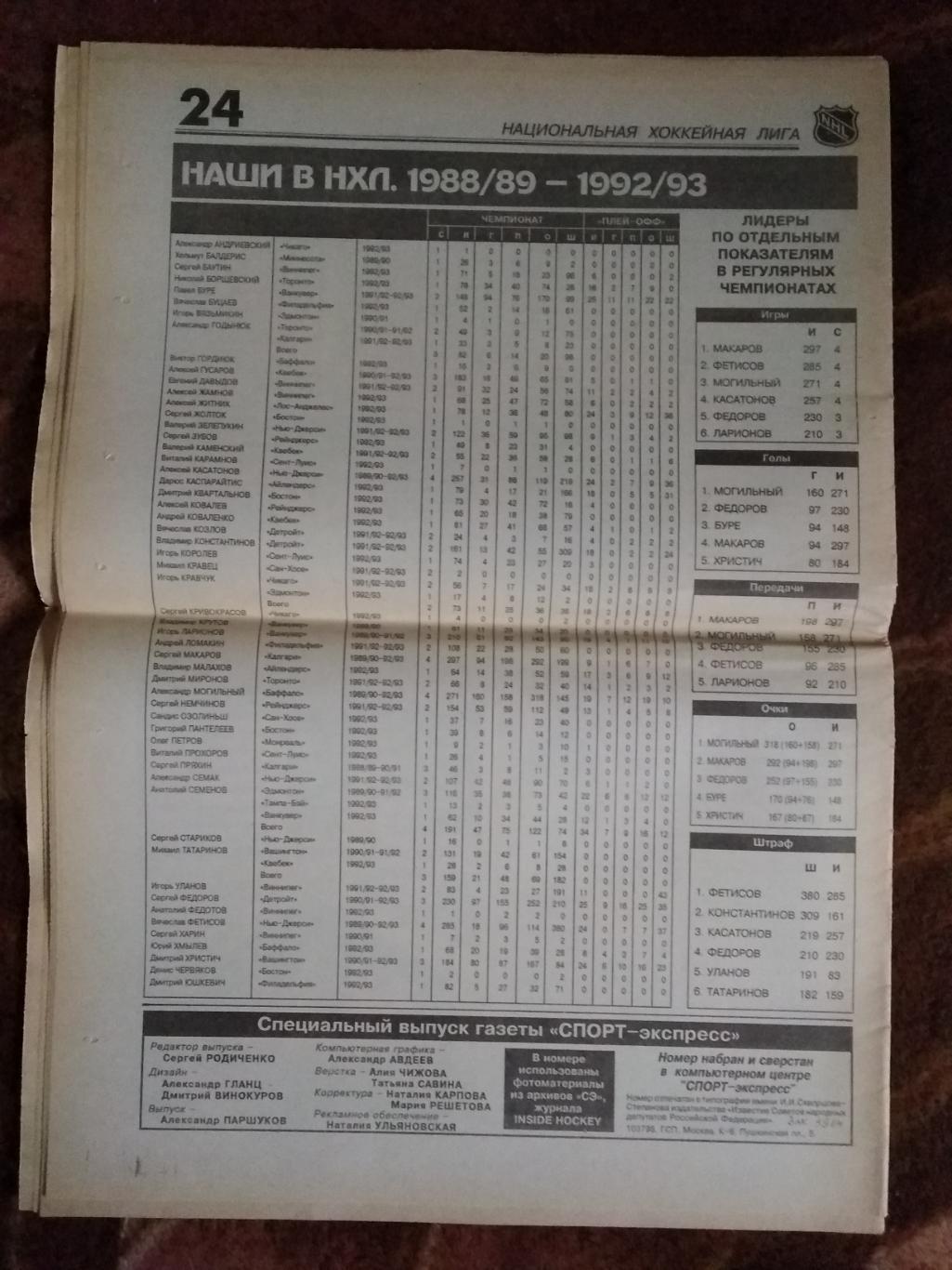 Газета.Спорт-Экспресс. Спецвыпуск НХЛ 1992-1993 г. 1