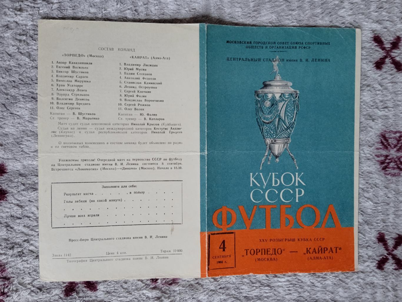 Торпедо (Москва) - Кайрат (Алма-Ата).Кубок СССР 1/4 04.09.1966 г.