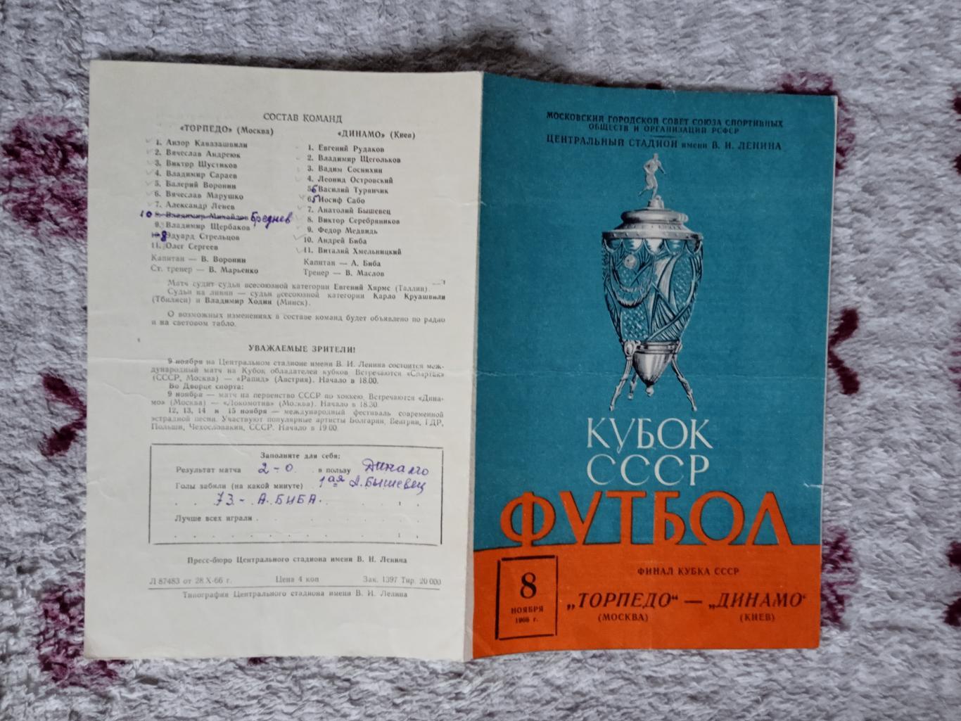 Торпедо (Москва) - Динамо (Киев).Кубок СССР финал 1966 г.
