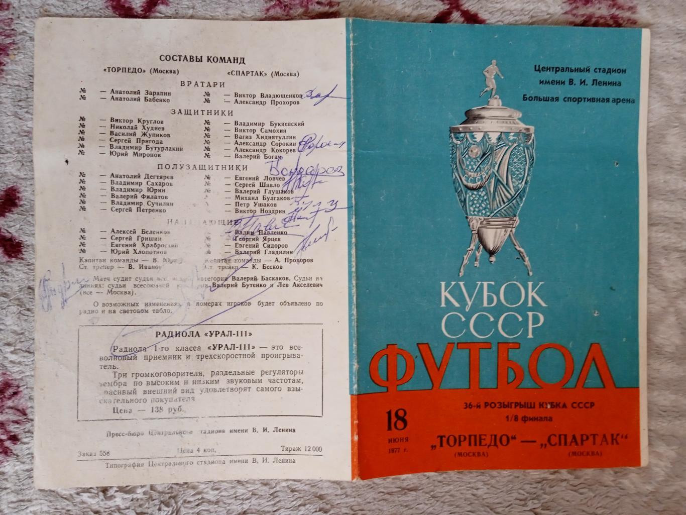 Торпедо (Москва) - Спартак (Москва).Кубок СССР 1/8 18.06.1977 г.(автографы).