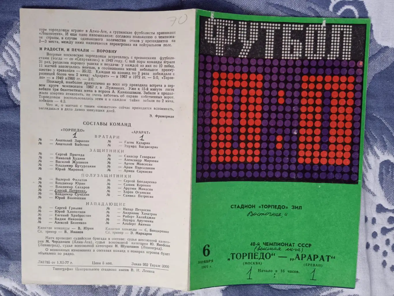 Торпедо (Москва) - Арарат (Ереван) 06.11.1977 г.
