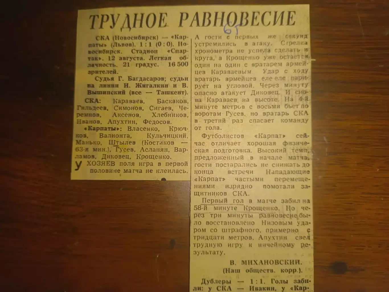 Звіт матчу. СКА Новосибірськ- Карпати Львів. 1965.б.