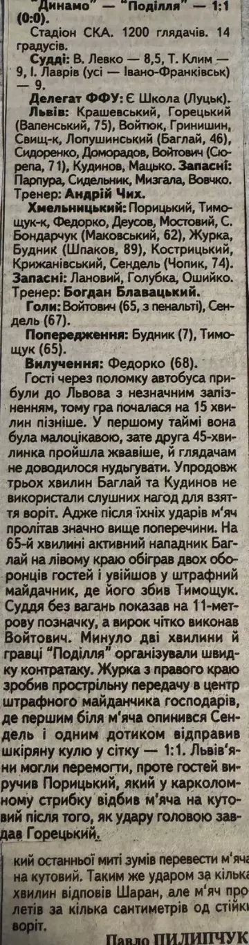 Звіт матчу. Динамо Львів- Поділля. 1999..