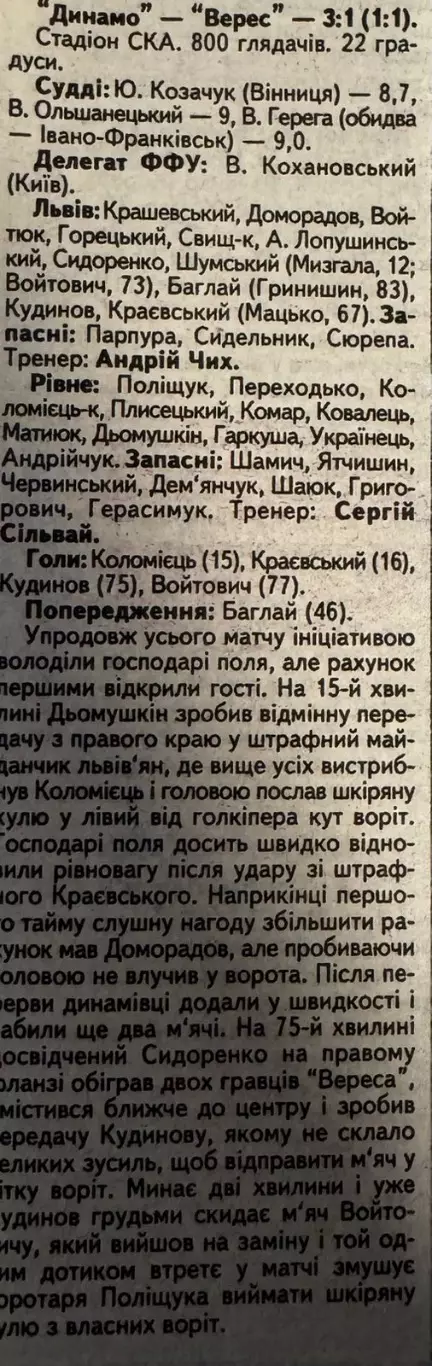 Звіт матчу. Динамо Львів- Верес. 1999..
