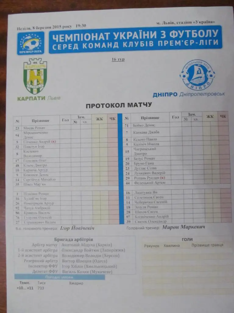 ПРОТОКОЛ МАТЧА. КАРПАТЬІ ЛЬВОВ - ДНЕПР ДНЕПРОПЕТРОВСК. 08.03.2015.*.