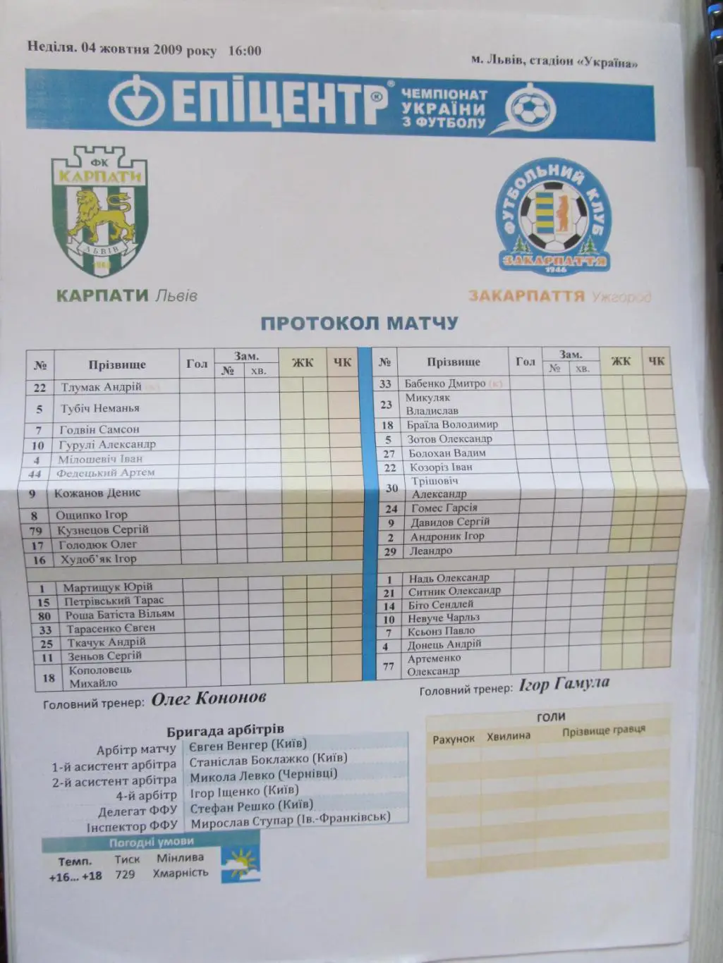Протокол матча. Карпаты Львов - Закарпатье Ужгород. 04.10.2009.*.