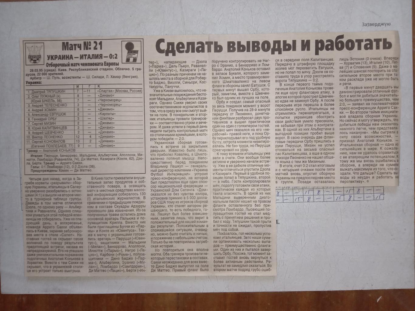 Вирізка з газети. Звіт. Україна - Італія. 29.03.1995.м.