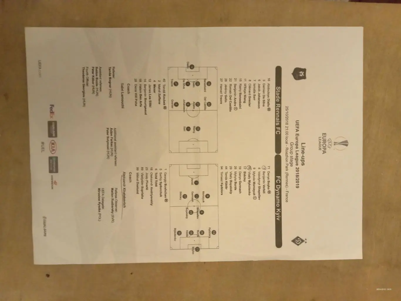 Протокол матчу. Ренн - Динамо Київ. 25.10.2018.м.