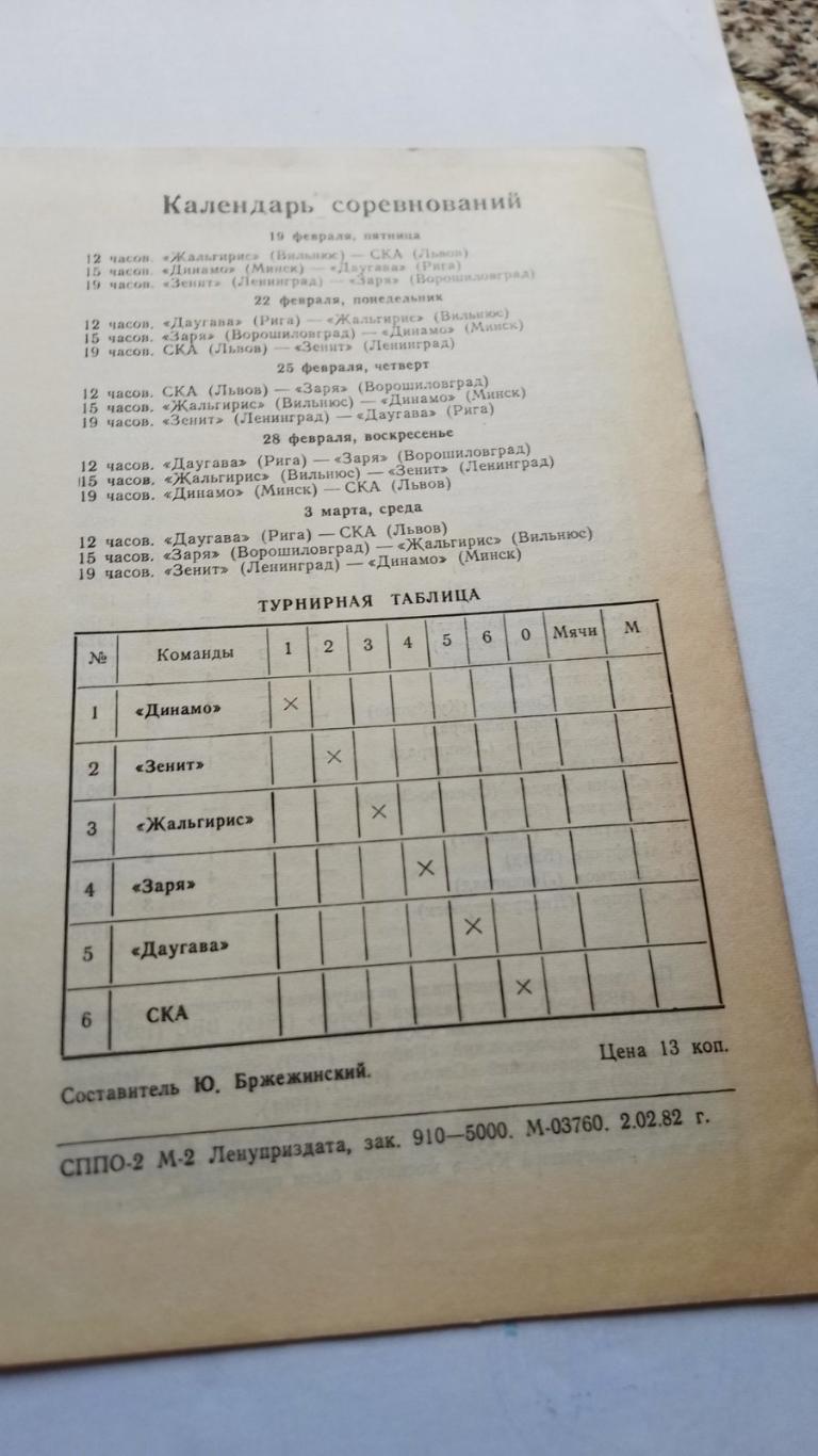 кубок. зональний турнір-1982. карпати, жальг., зеніт, зоря, Дин. Мін., Даугава.к 1