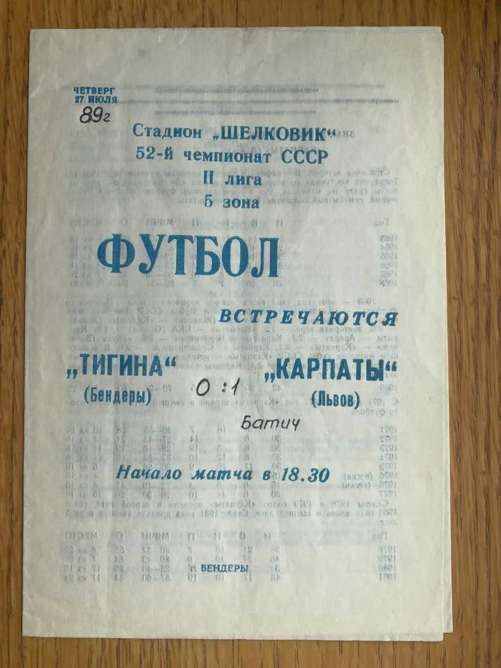 Тішіна Бендери- Карпати Львів. 27.07.1989.м.