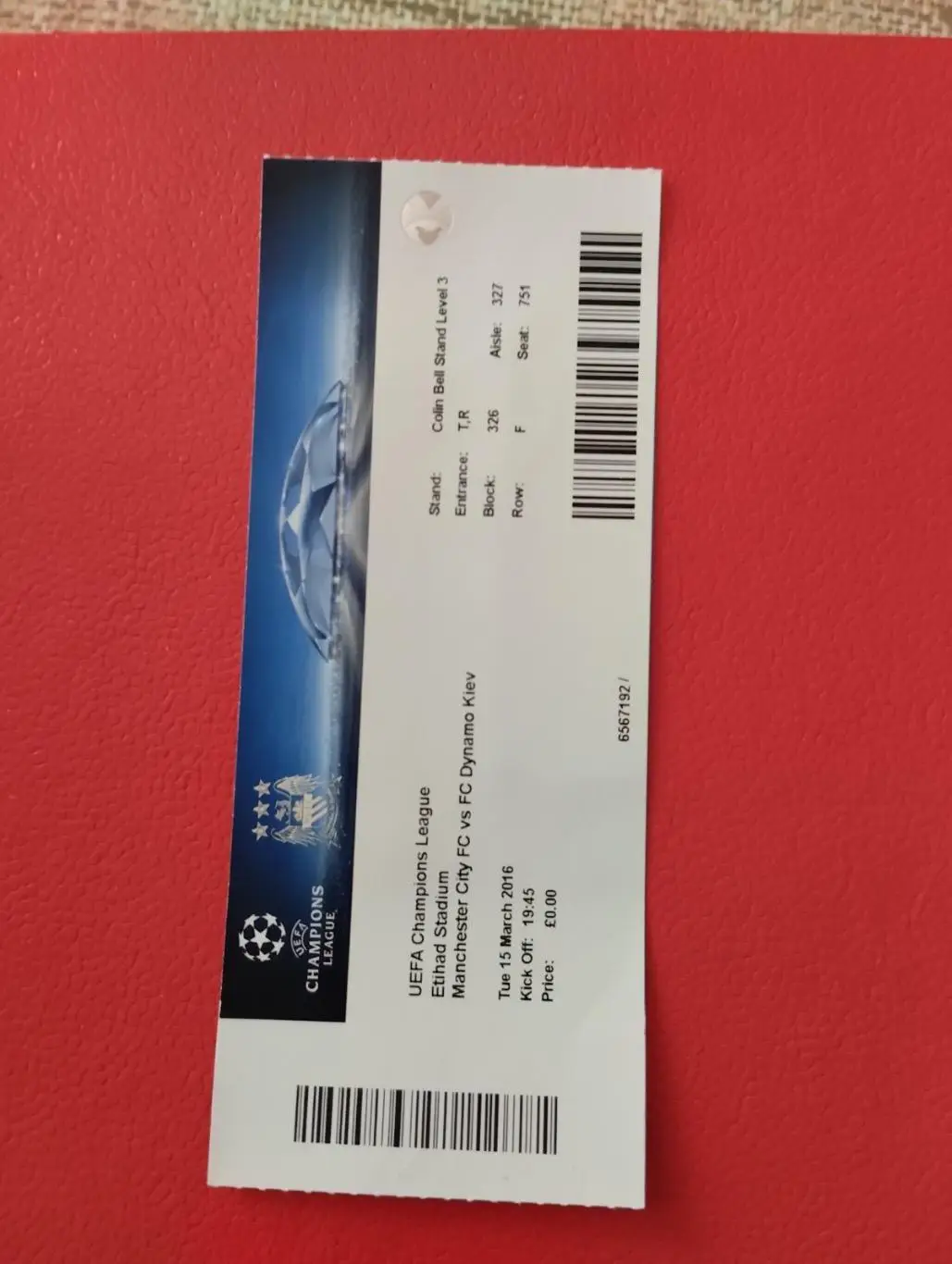 Білет. Манчестер Сіті- Динамо Київ. 2016.#.