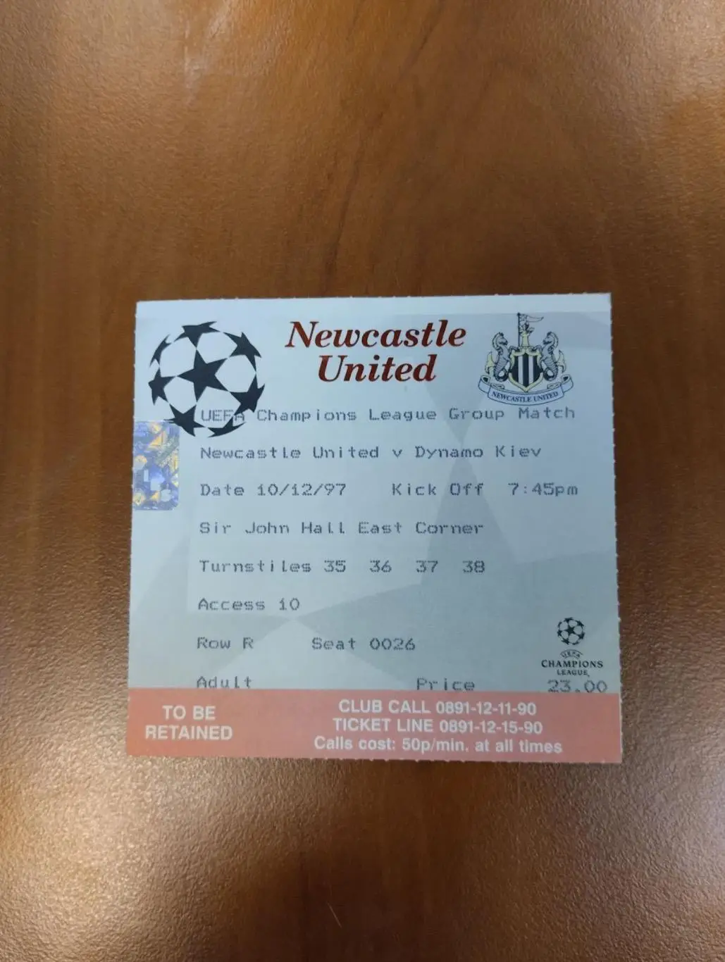 Білет. Ньюкасл- Динамо Київ . 1997.#.