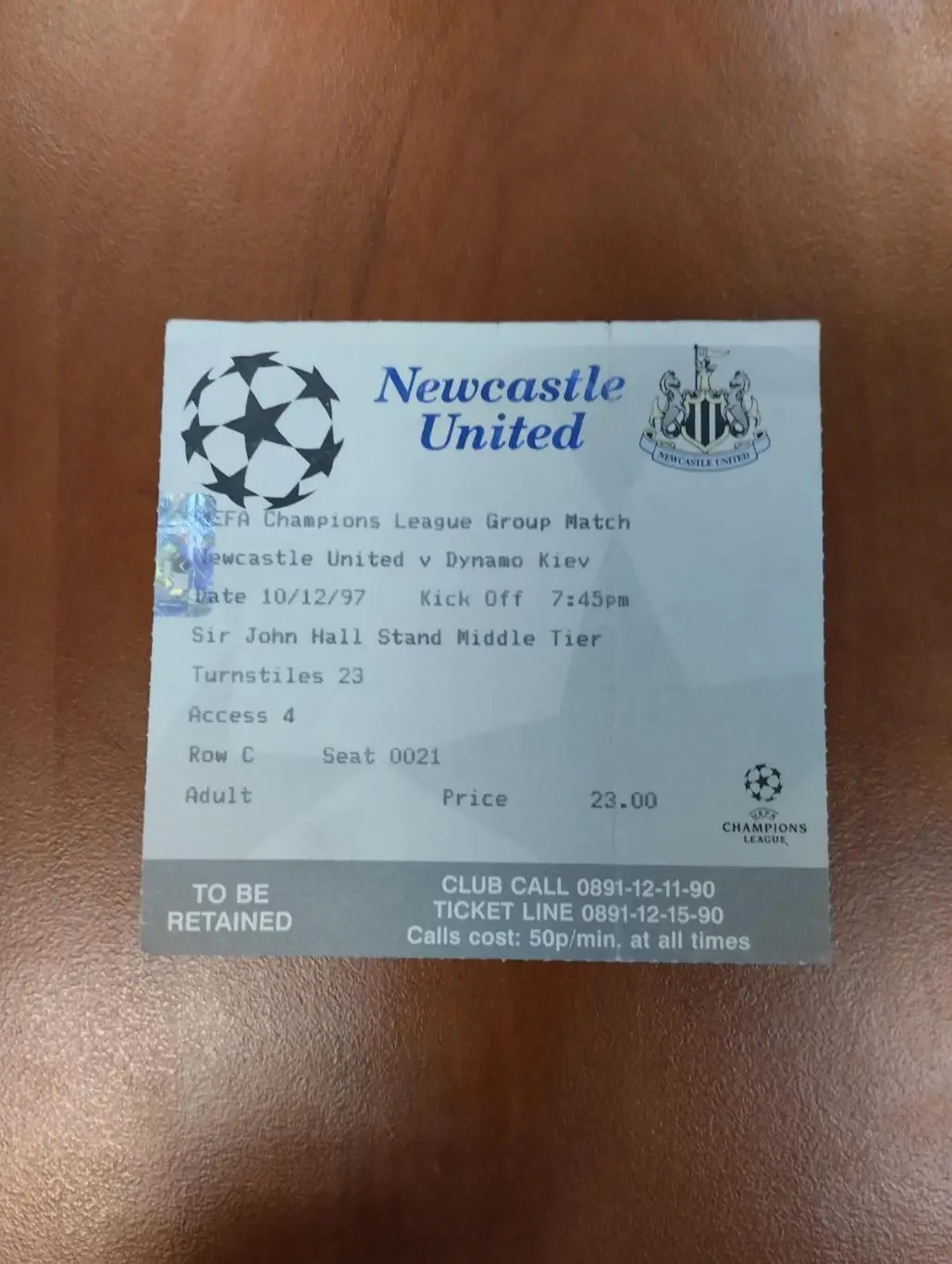 Білет. Ньюкасл- Динамо Київ. 1997.#.