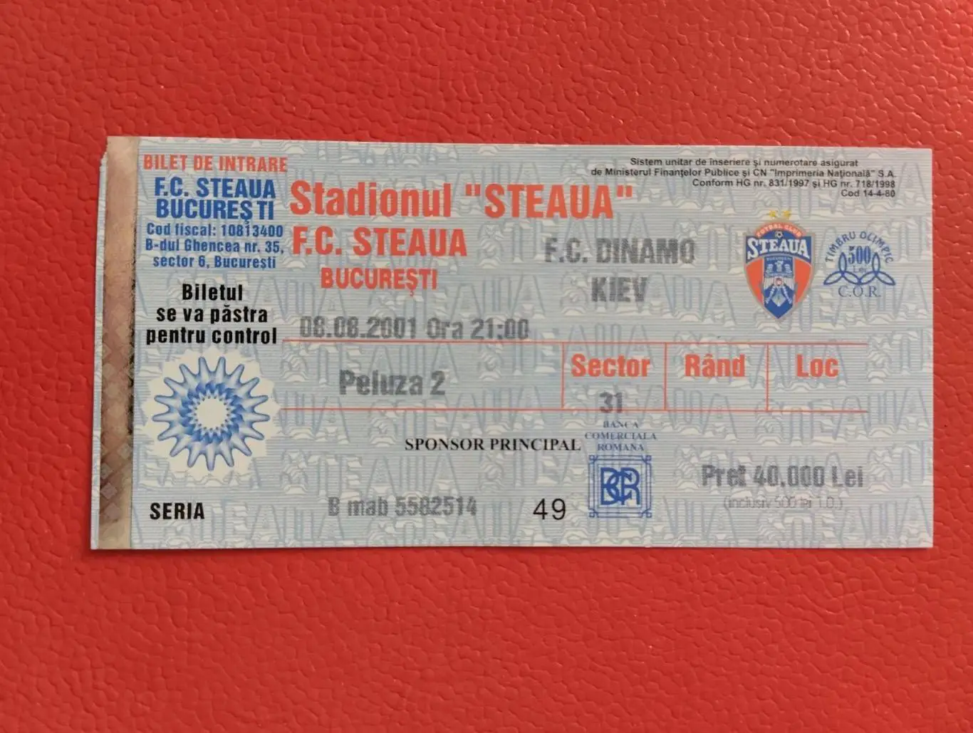 Білет. Стяуа- Динамо Київ. 2001.#.