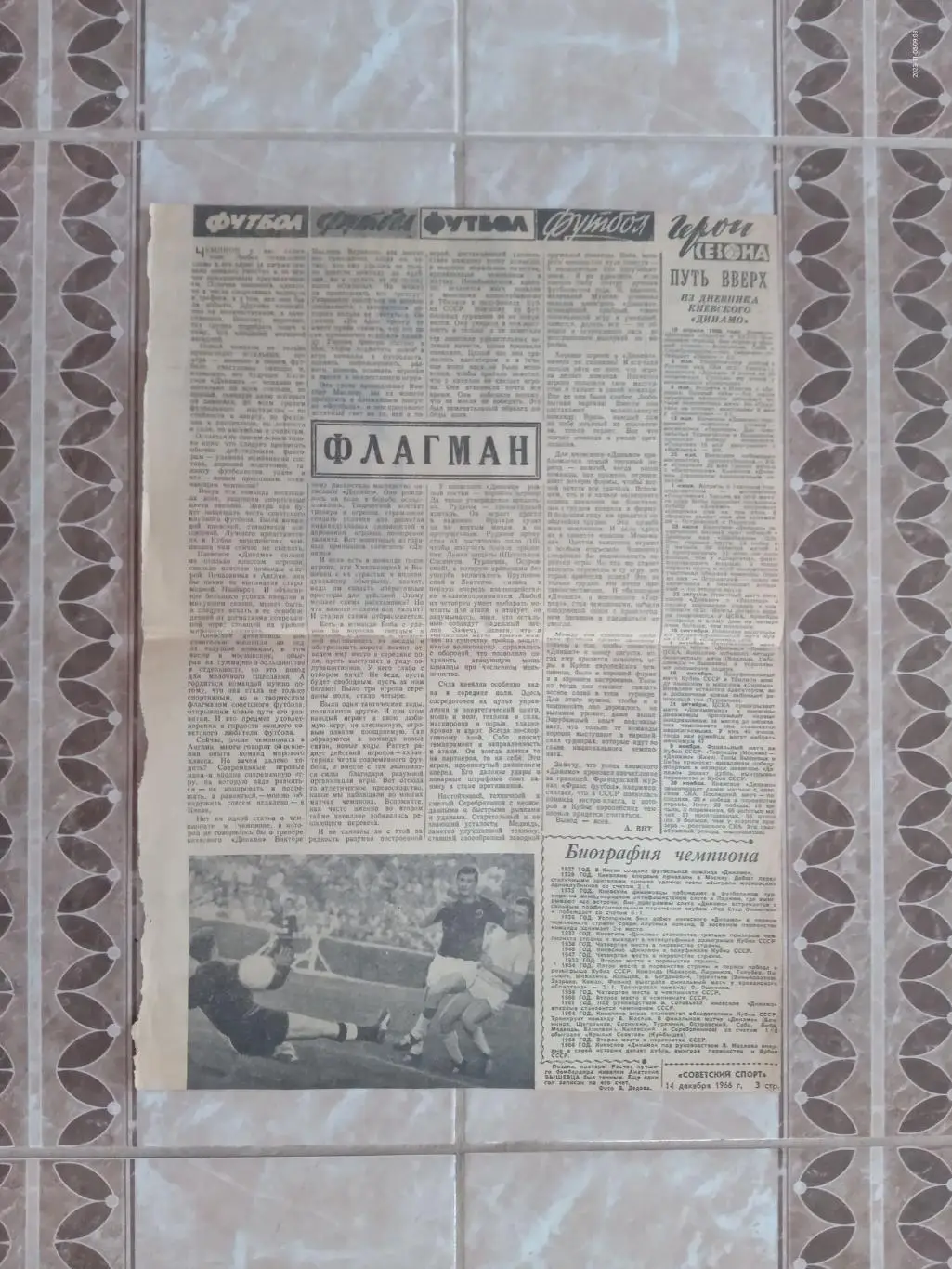 вирізка з газети совєтскій спорт. 14.12.1966. динамо київ.).м.