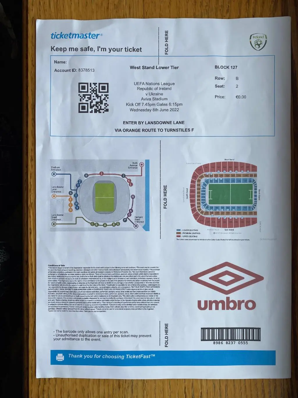 Білет . Ірландія - Україна. 08.06.2022.м.