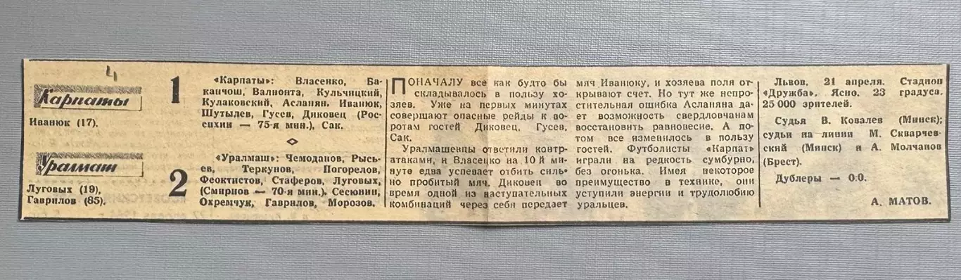 Звіт матчу Карпати Львів- Уралмаш . 1964..
