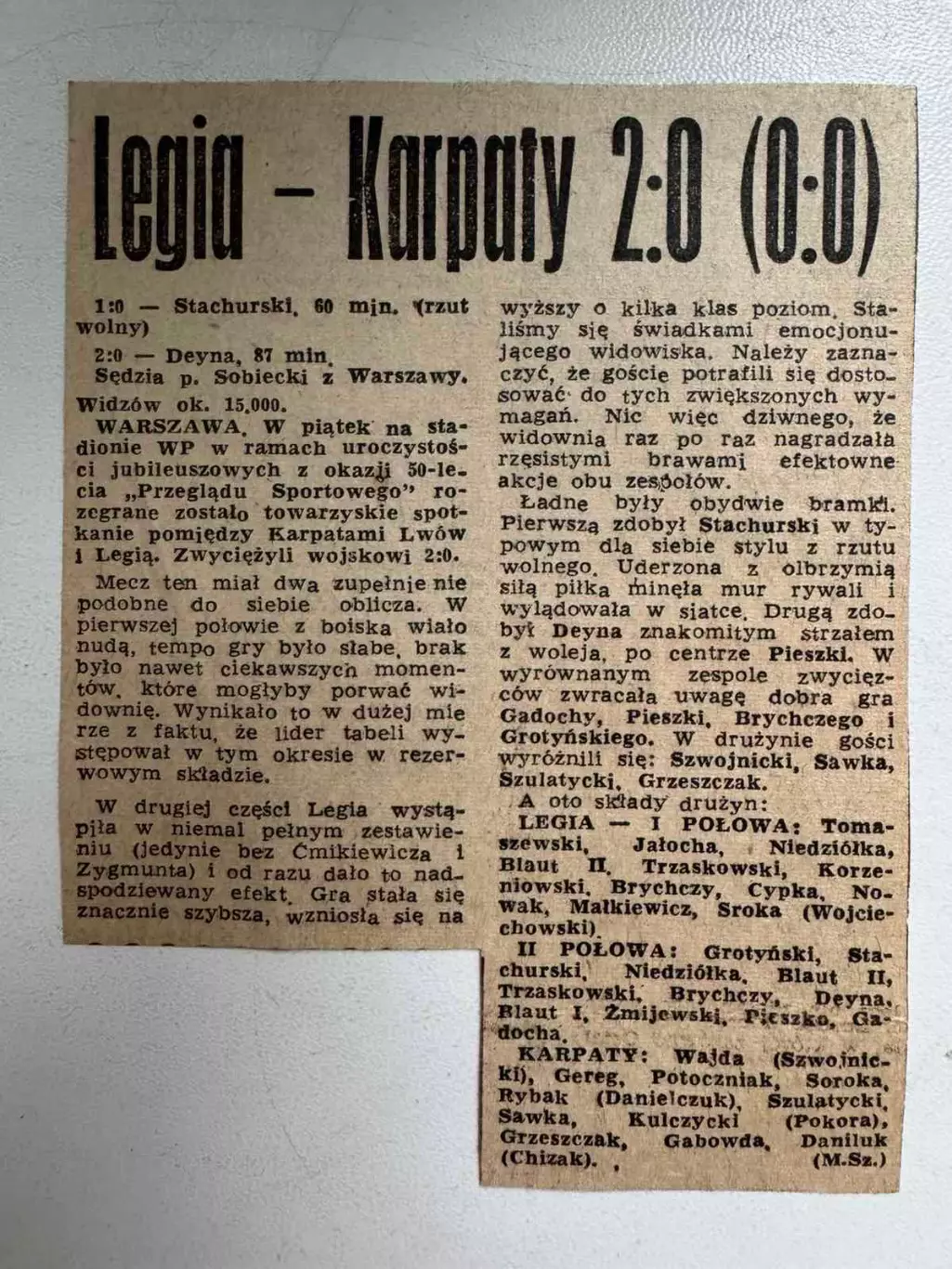 Звіт товариського матчу Легія Варшава- Карпати Львів..