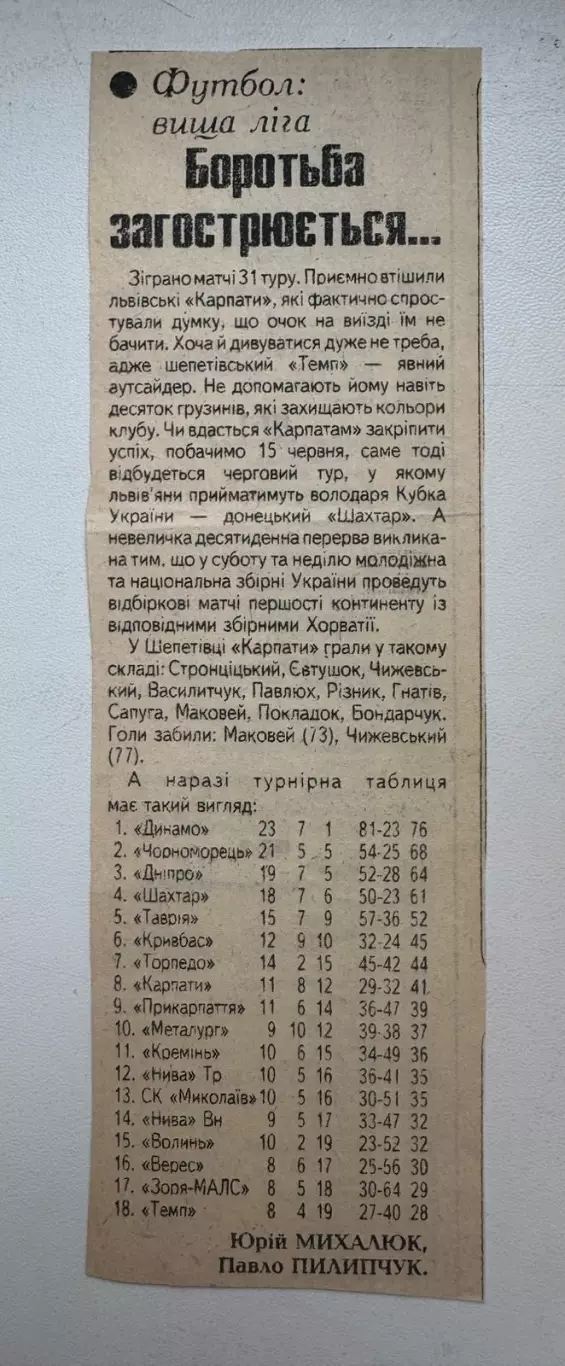 Звіт матчу Темп - Карпати. 1995..