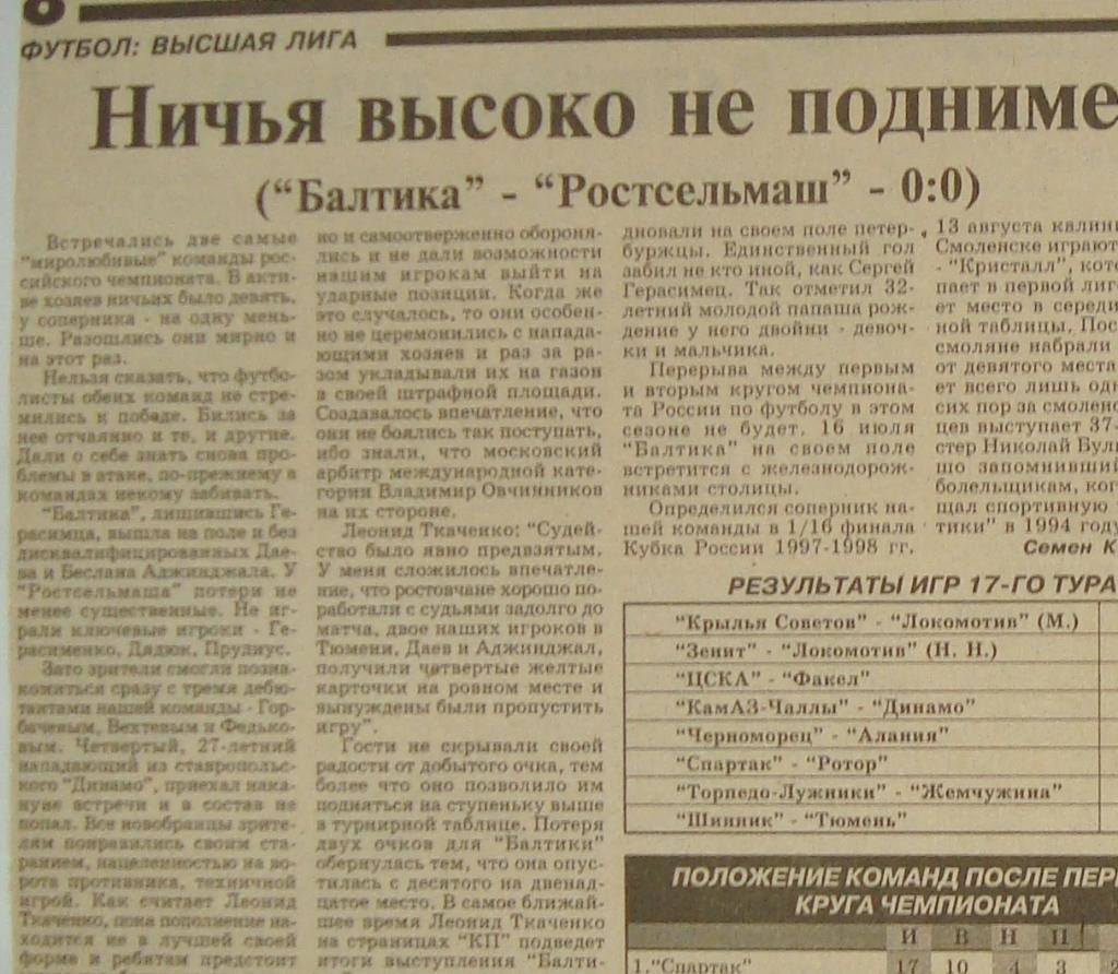 Отчёт. БАЛТИКА (Калининград) - РОСТСЕЛЬМАШ (Ростов-на-Дону). 9.07.1997.