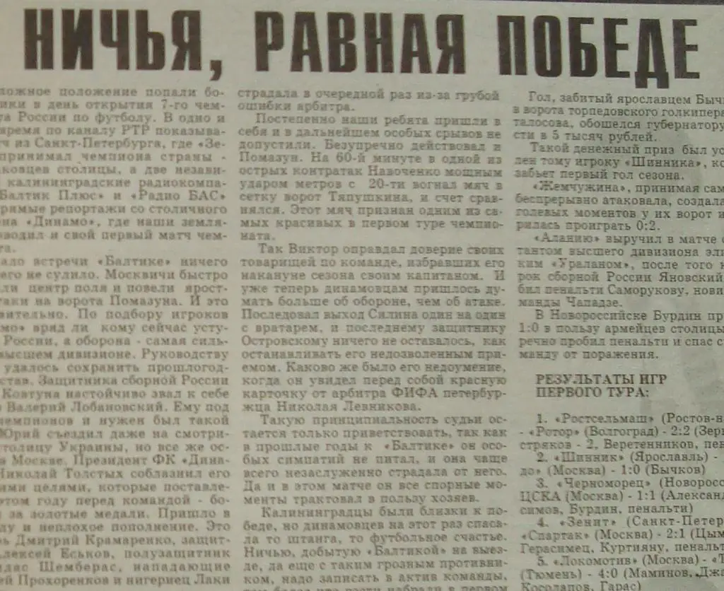 Отчёт. ДИНАМО (Москва) - БАЛТИКА (Калининград). 28.03.1998.