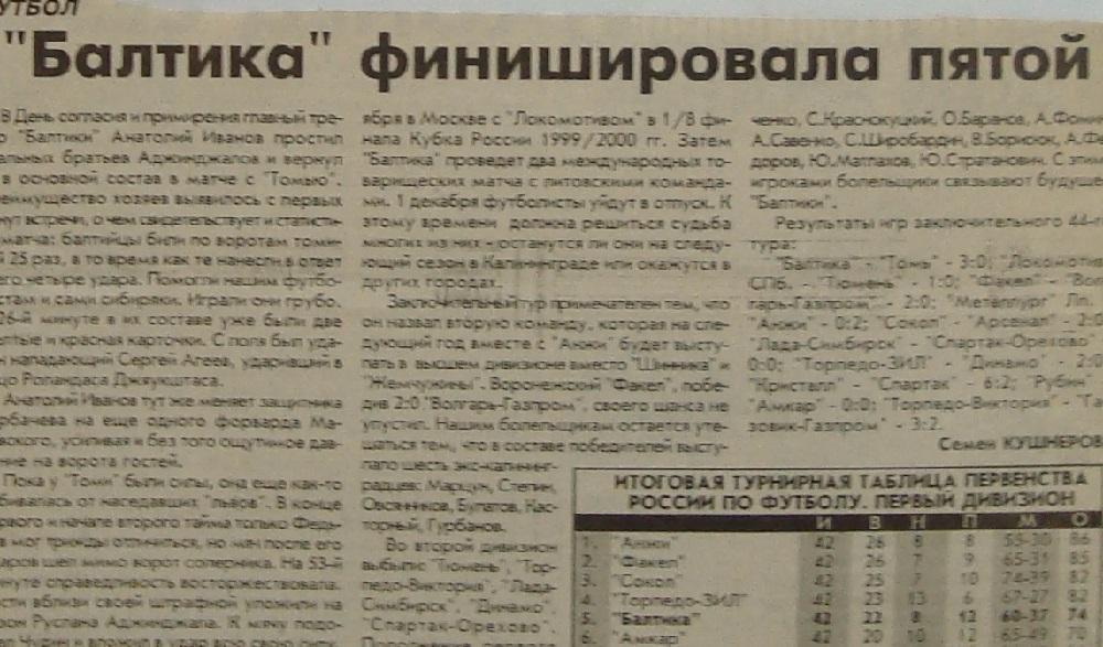 Отчёт. БАЛТИКА(Калининград) - ТОМЬ (Томск). 7.11.1999.