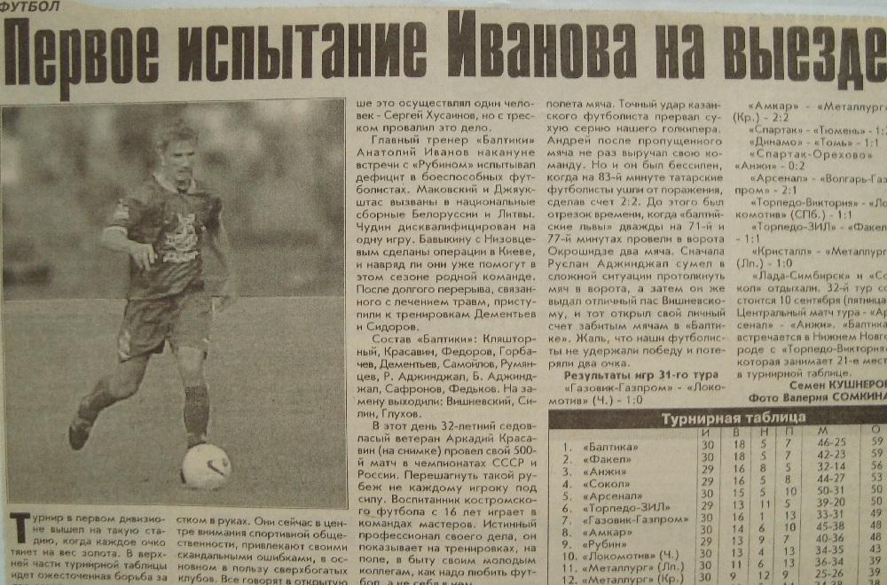 Отчёт. РУБИН (Казань) - БАЛТИКА(Калининград). 7.09.1999.