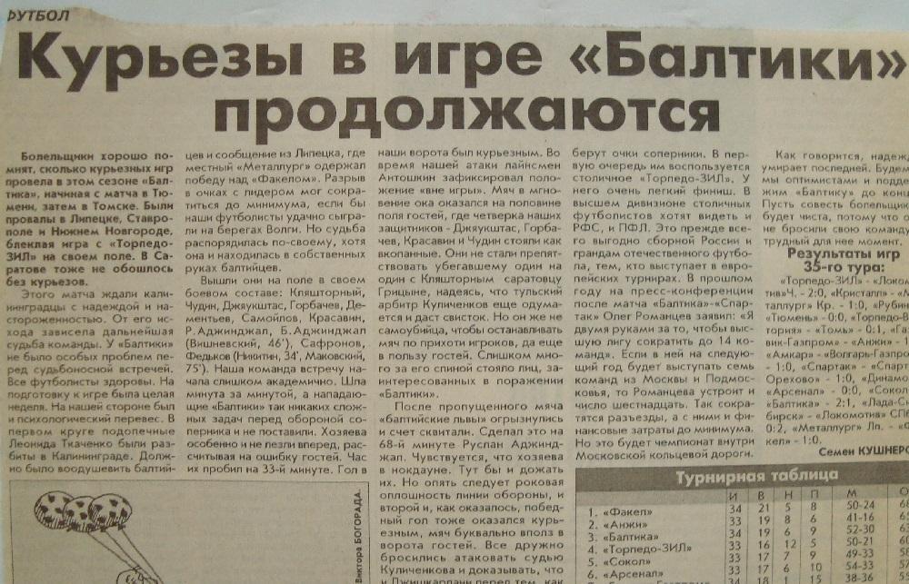 Отчёт. СОКОЛ (Саратов) - БАЛТИКА (Калининград). 27.09.1999.