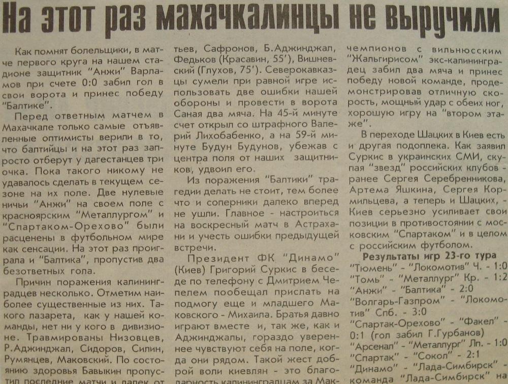 Отчёт. АНЖИ (Махачкала) - БАЛТИКА (Калининград). 29.07.1999.