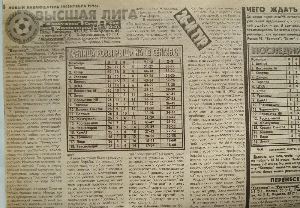 Отчёт. ЖЕМЧУЖИНА (Сочи) - БАЛТИКА (Калининград). 7.09.1996.