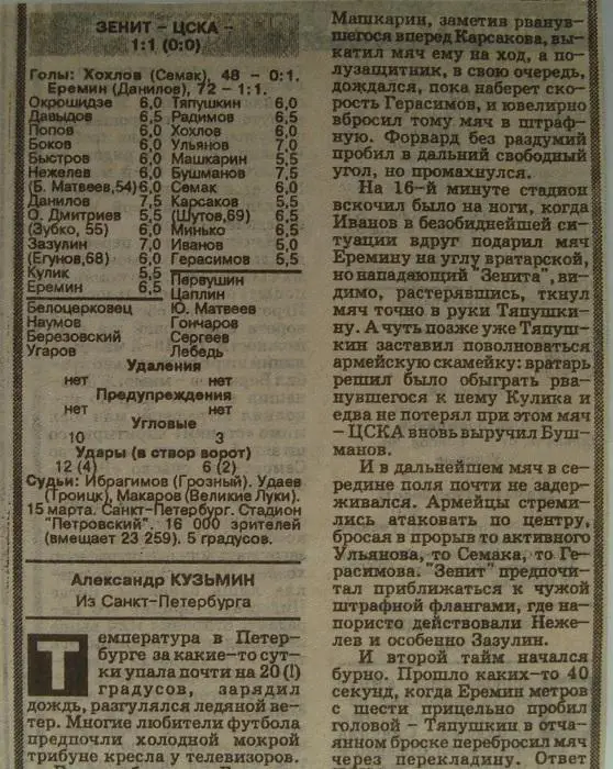 Отчёт. ЗЕНИТ (Санкт-Петербург) - ЦСКА (Москва). 15.03.1996.