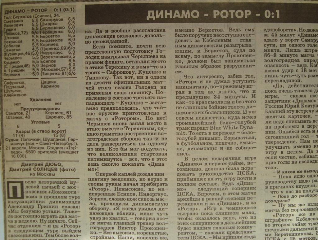 Отчёт. ДИНАМО (Москва) - РОТОР (Волгоград). 21.04.1996.