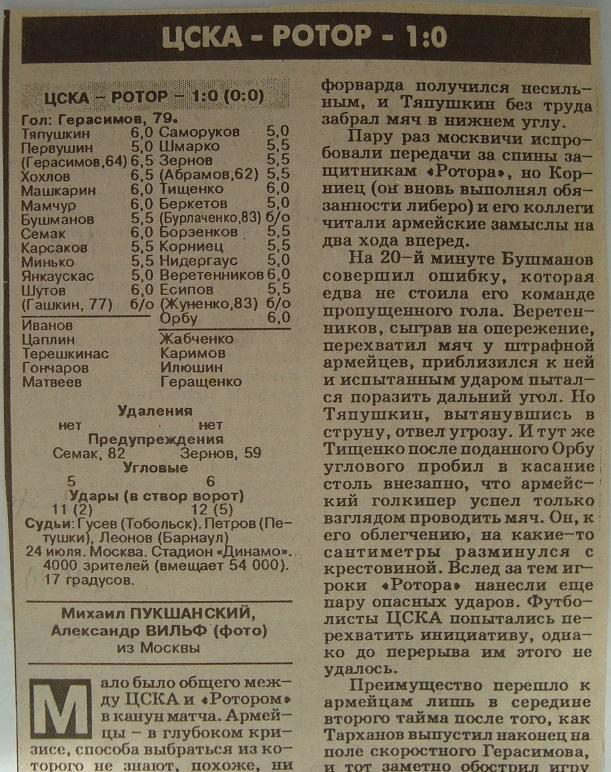 Отчёт. ЦСКА (Москва) - РОТОР (Волгоград). 24.07.1996.