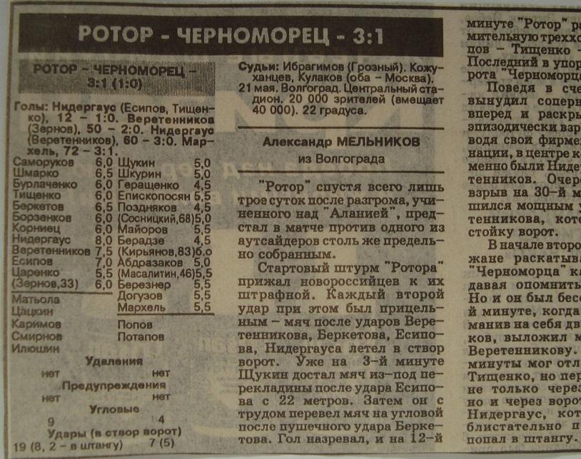 Отчёт. РОТОР (Волгоград) - ЧЕРНОМОРЕЦ (Новороссийск). 21.05.1996.