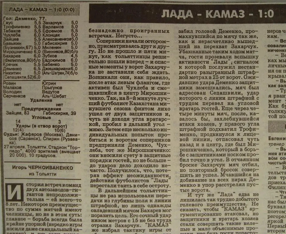 Отчёт. ЛАДА (Тольятти) - КАМАЗ (Набережные Челны). 27.04.1996.