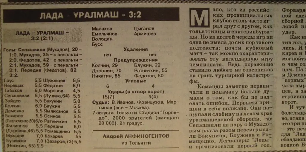 Отчёт. ЛАДА (Тольятти) - УРАЛМАШ (Екатеринбург). 7.08.1996.