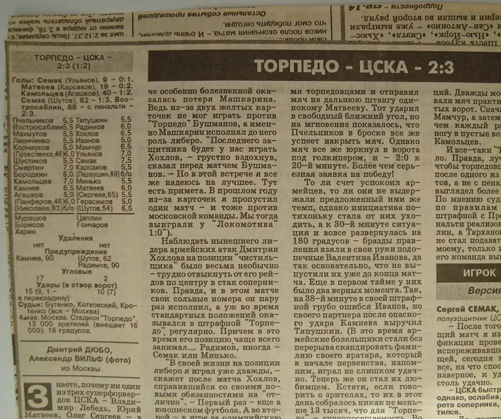 Отчёт. ТОРПЕДО (Москва) - ЦСКА (Москва). 4.05.1996.