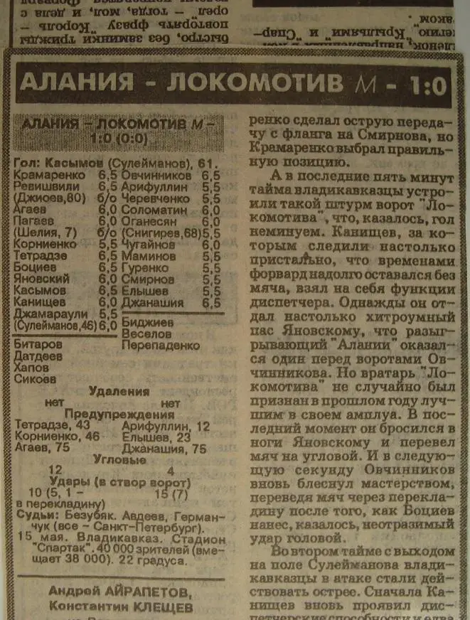 Отчёт. АЛАНИЯ (Владикавказ) - ЛОКОМОТИВ (Москва). 15.05.1996.