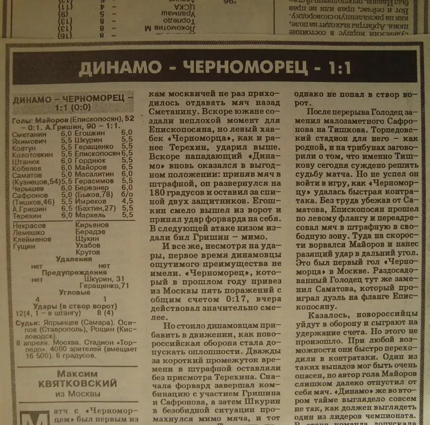 Отчёт. ДИНАМО (Москва) - ЧЕРНОМОРЕЦ (Новороссийск). 8.04.1996.