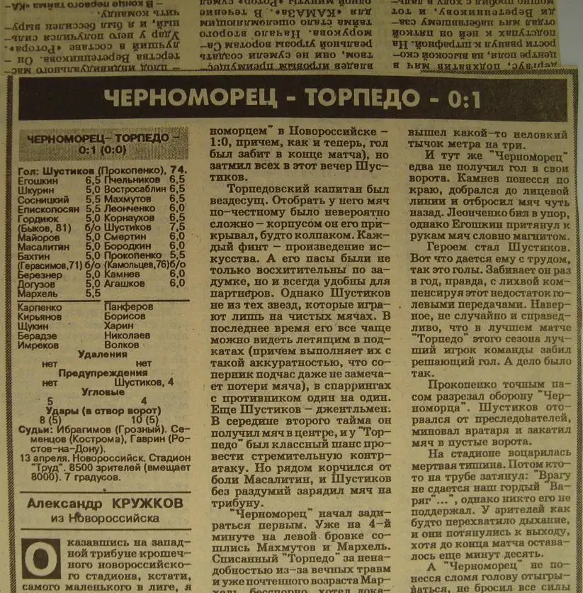 Отчёт. ЧЕРНОМОРЕЦ (Новороссийск) - ТОРПЕДО (Москва). 13.04.1996.