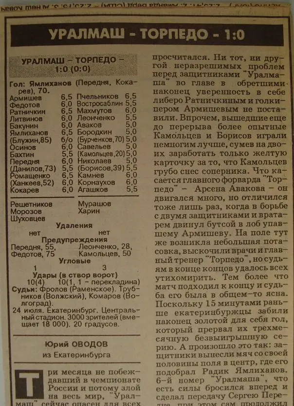 Отчёт. УРАЛМАШ (Екатеринбург) - ТОРПЕДО (Москва). 24.07.1996.
