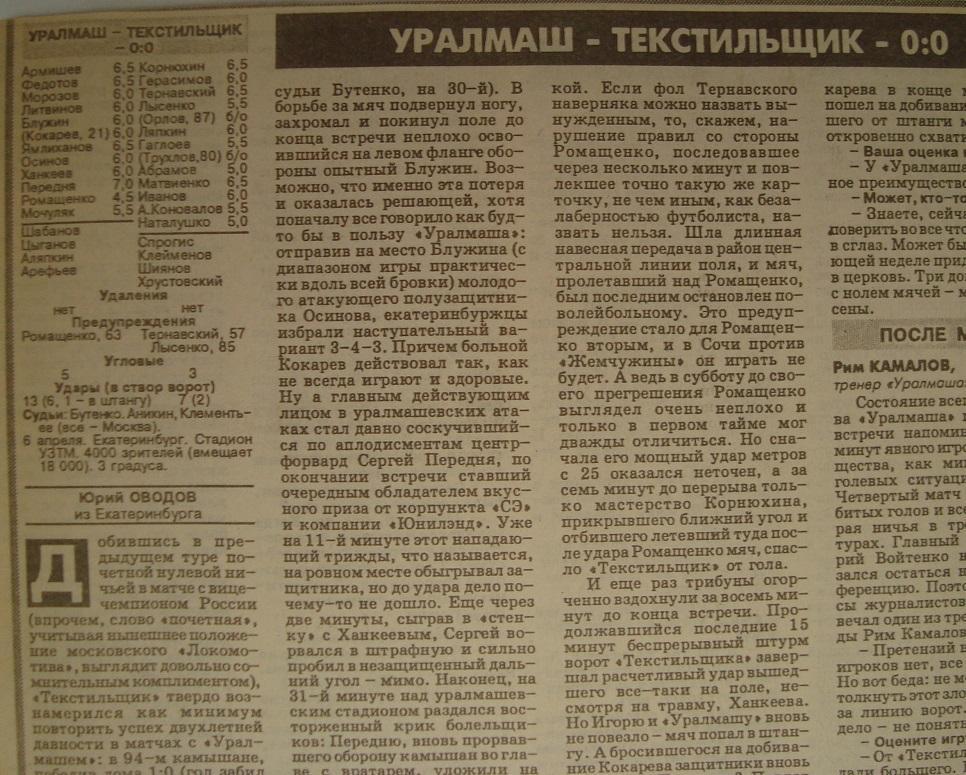 Отчёт. УРАЛМАШ (Екатеринбург) - ТЕКСТИЛЬЩИК (Камышин). 6.04.1996.